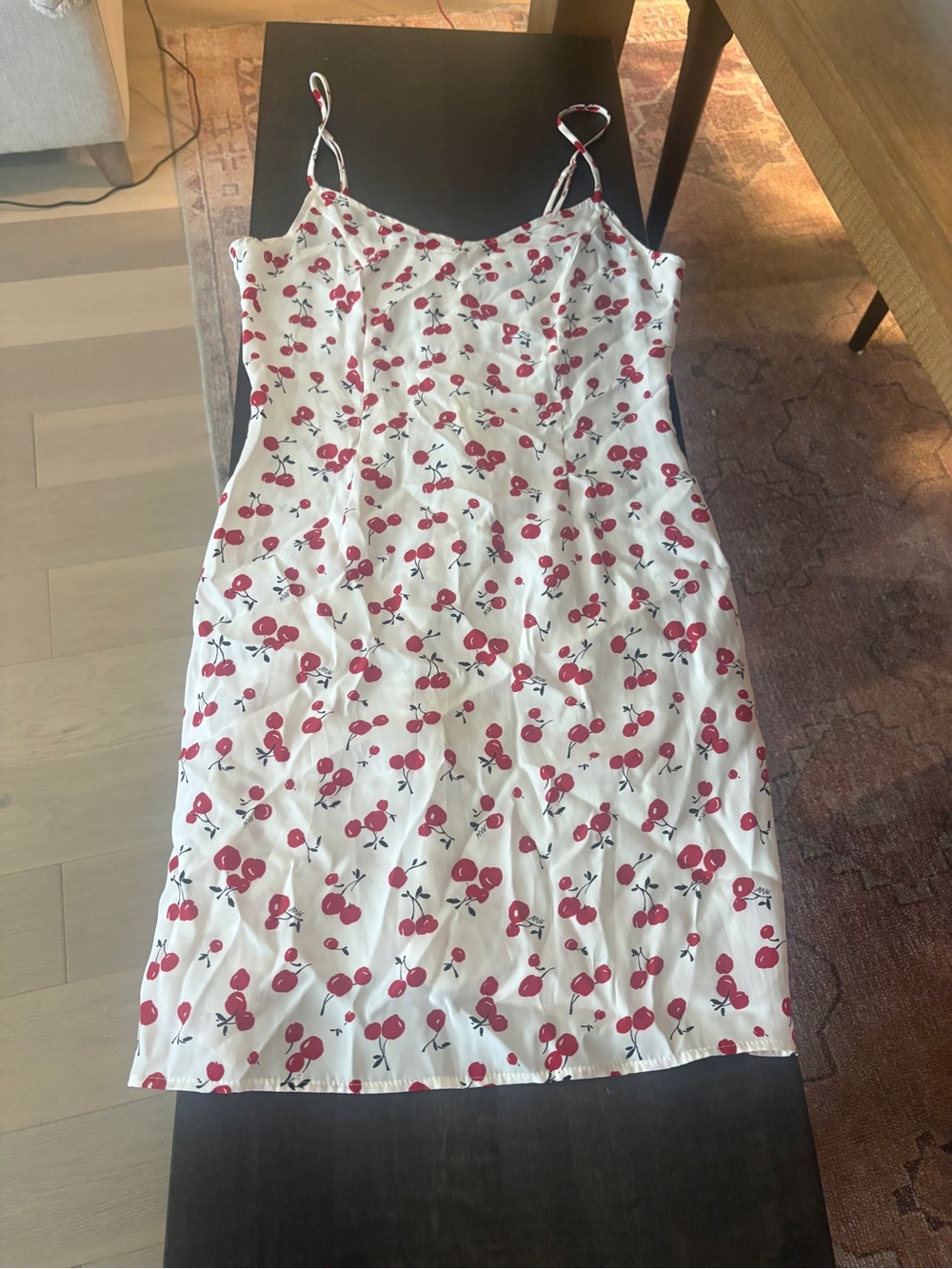 HVN White Cherry Print Slip Mini Dress with Spaghetti Straps